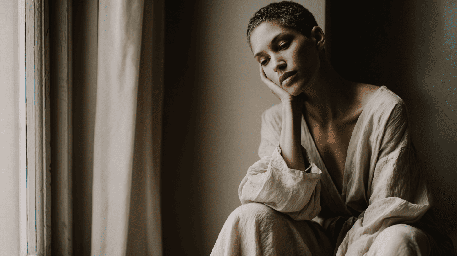 Mujer en pausa, sentada junto a una ventana con expresión introspectiva, en un ambiente cálido y sereno.