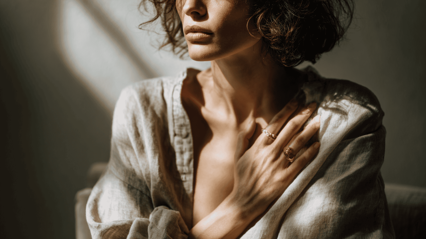Mujer en luz cálida con la mano sobre el pecho, como metáfora de escucha interior, presencia y conexión con el cuerpo.