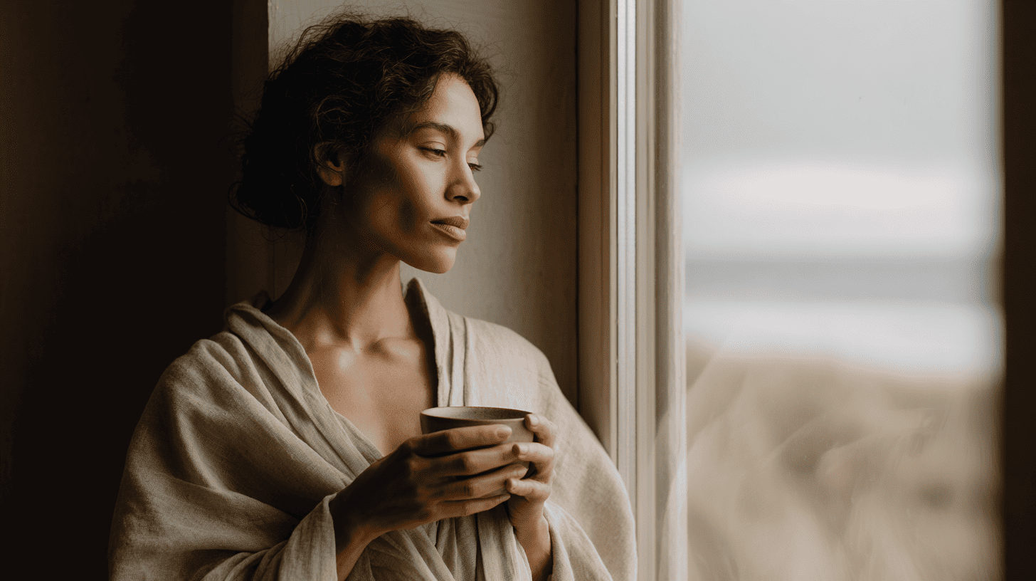 Mujer en contemplación junto a una ventana, sosteniendo una taza, en una escena cálida y serena de tonos lino y arena.