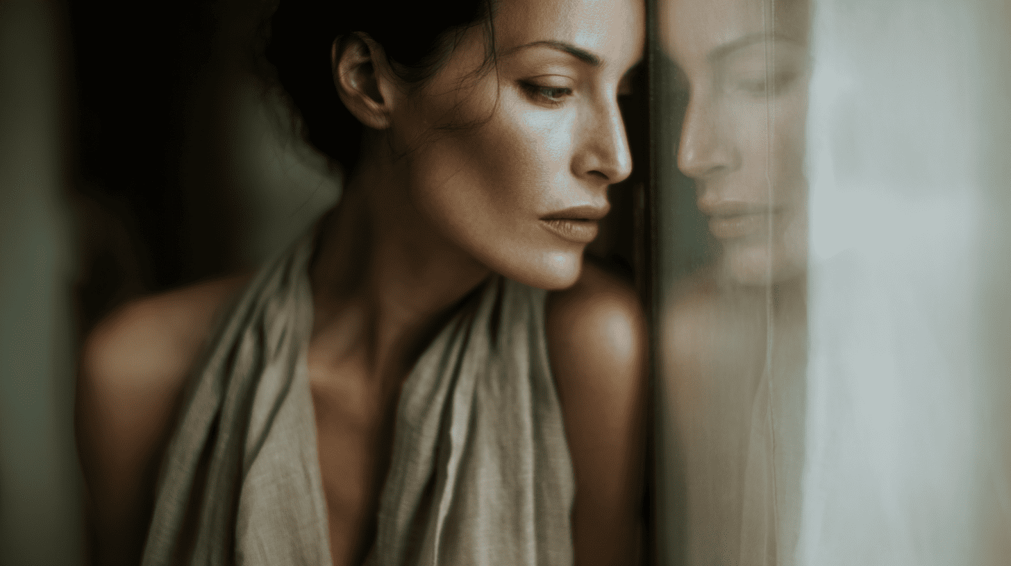 Mujer contemplativa junto a una ventana con su reflejo visible en el cristal, en una escena editorial íntima que evoca diálogo interno e introspección.