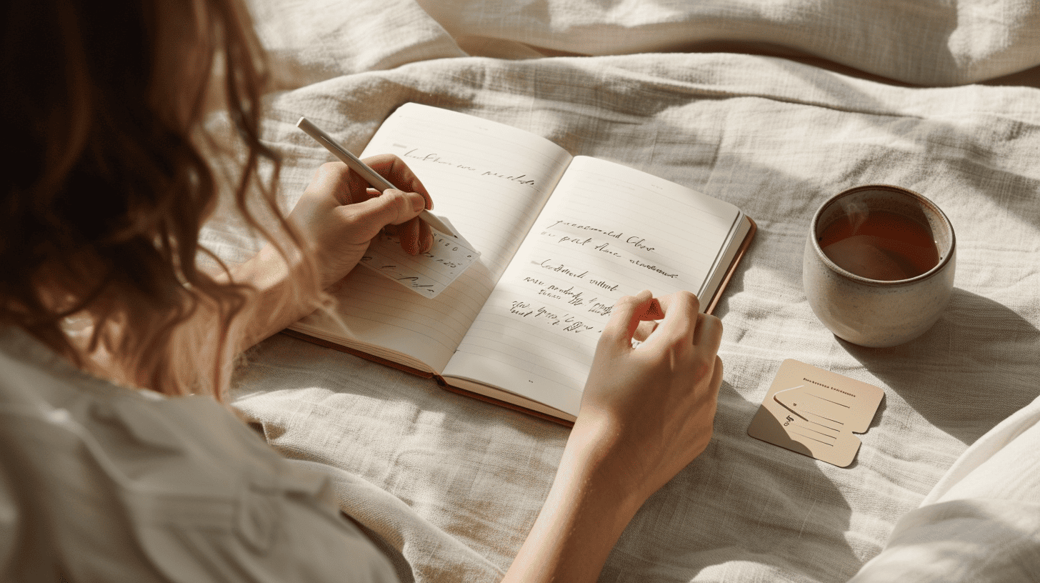 Manos escribiendo en un journal junto a una taza de té y tarjetas de reflexión, en una escena cálida y serena que representa el acompañamiento de Tribu Baraka.