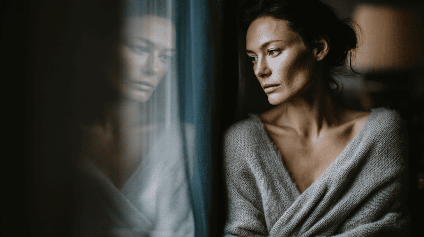 Mujer contemplativa junto a una ventana con su reflejo visible en el cristal, en una escena editorial íntima que evoca ansiedad anticipatoria, tensión contenida y regulación emocional.
